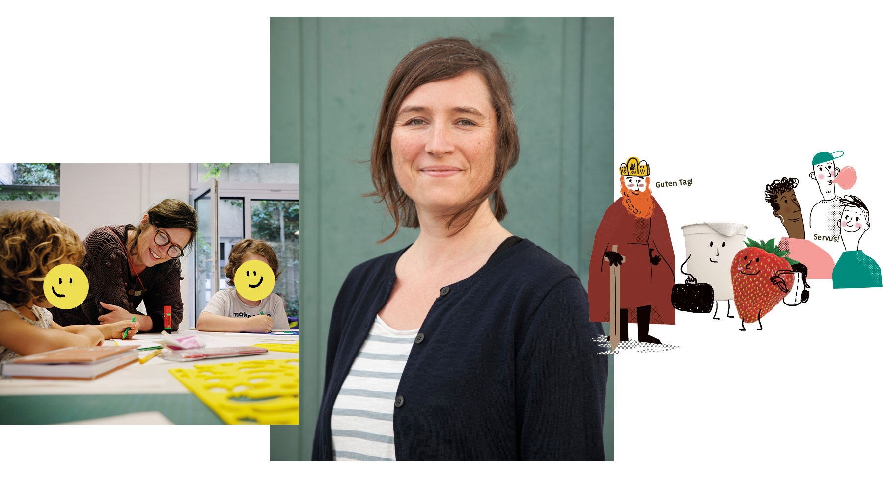 Collage: Portrait Miro Poferl, Workshopszene, Kinderbuchfiguren